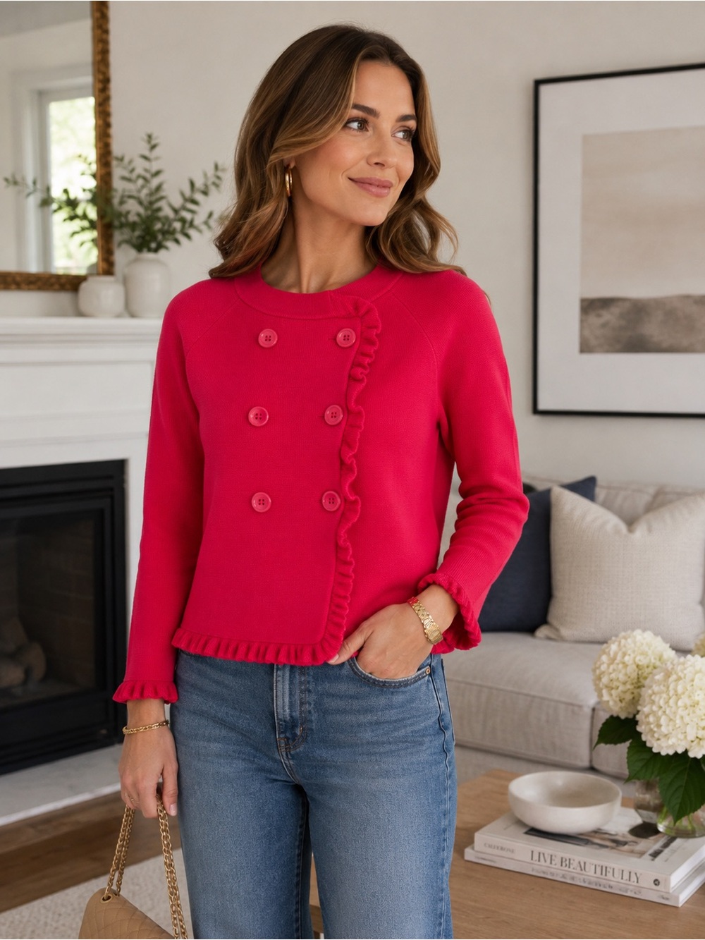 J.Crew Fuchsia Pink Ruffle Cardigan | XL | 100% Cotton